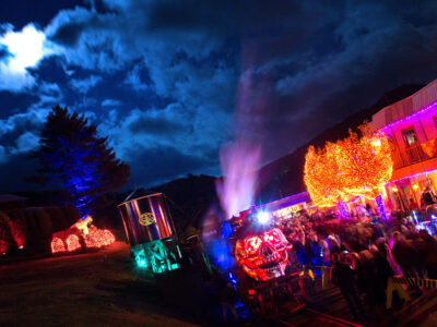Main street at Tweetsie Railroad all lit up and decorated for the Ghost Train Halloween Festival